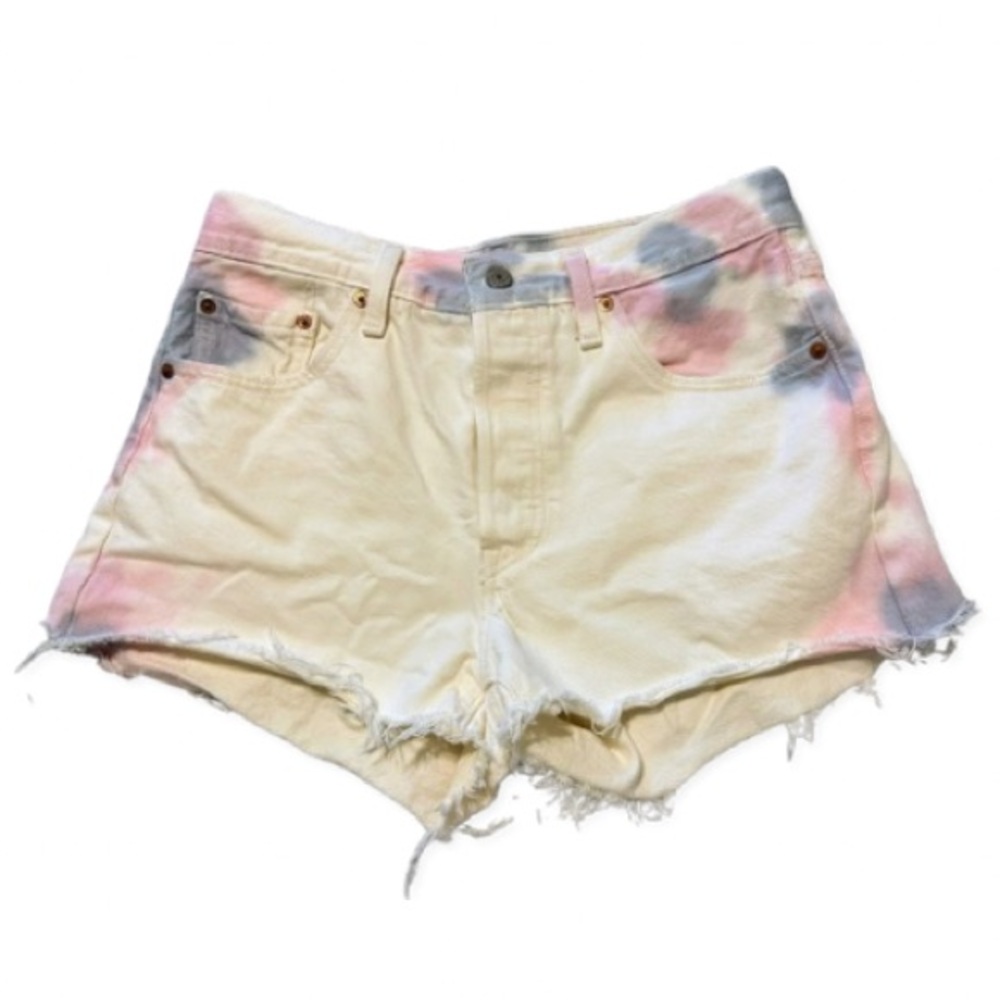 Levi’s White Tie-Dye Cutoff Denim Shorts – High Rise Distressed Jean Shorts